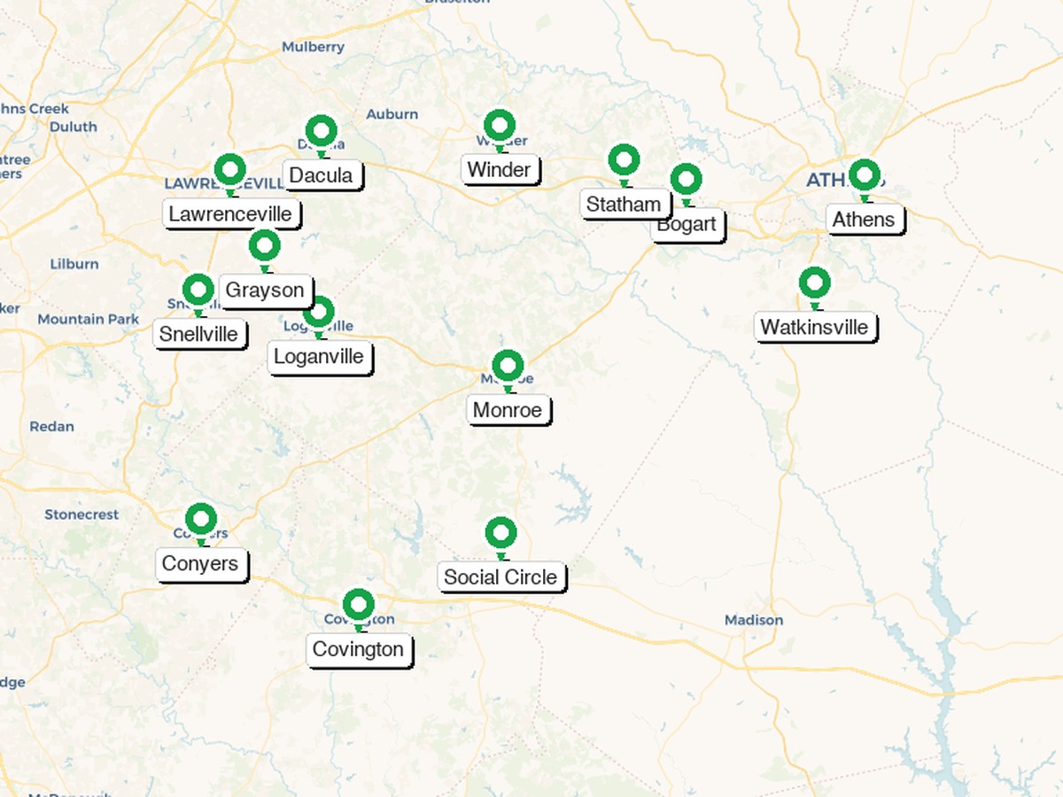 Map showing E & S Landscaping service areas across east and northeast Atlanta metro suburbs